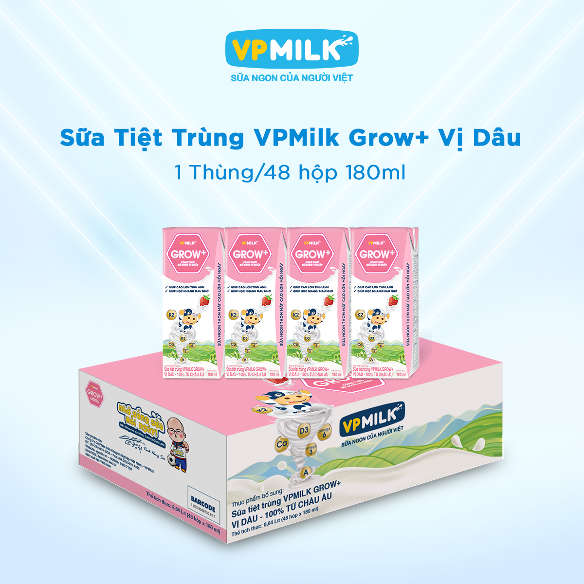 [Thùng 48 Hộp 180ml] Sữa Tiệt Trùng VPMilk Grow+ Vị Dâu Cho Bé Từ 1 Tuổi
