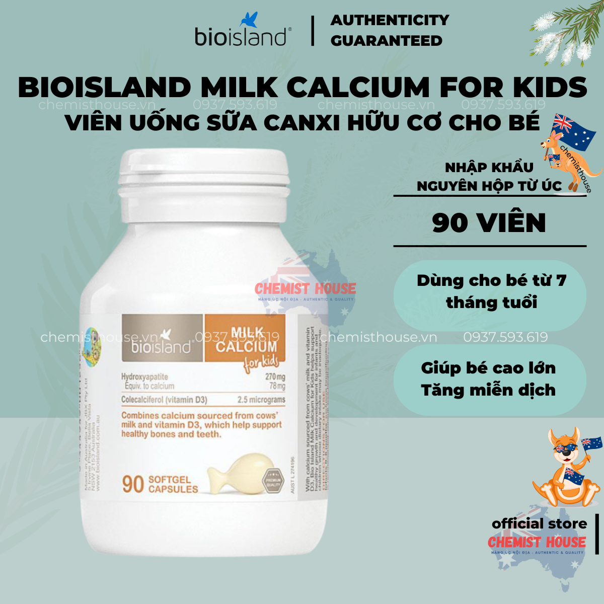 [Hàng Chuẩn ÚC] Viên uống bổ sung canxi cho bé 90 viên - Bio Island Milk Calcium Kids 90 Capsules