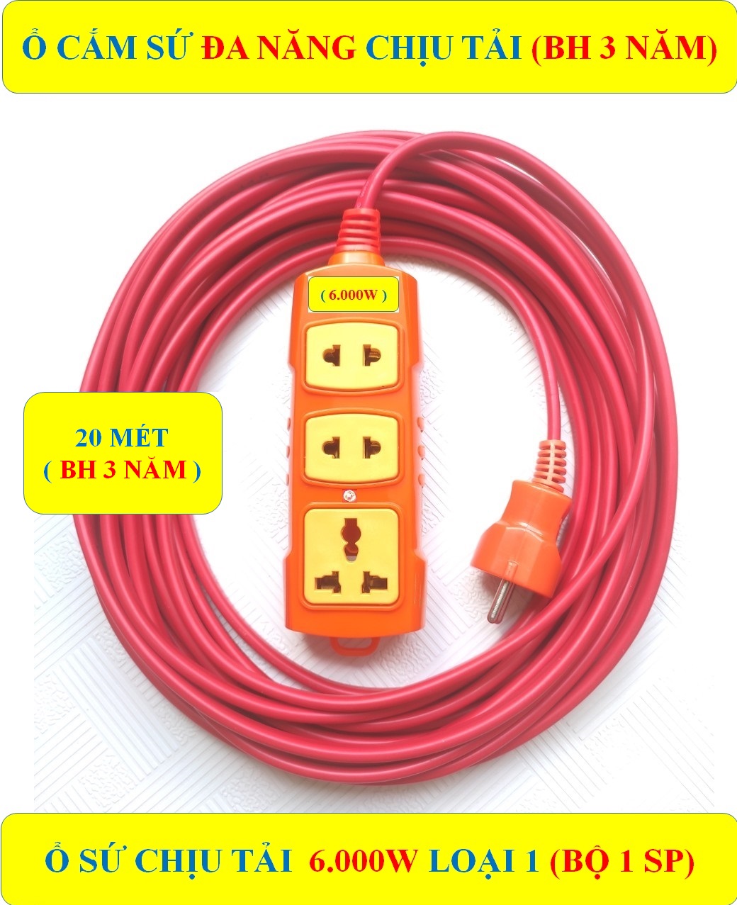 Ổ cắm điện CHỊU TẢI CAO 6.000W đa năng CAO CẤP + Dây 20 MÉT + (BH 3 NĂM) HÀNG LOẠI 1 CAO CẤP + 3 lỗ cắm SỨ chịu tải chịu nhiệt + Đèn LED báo (bộ 1 sản phẩm)