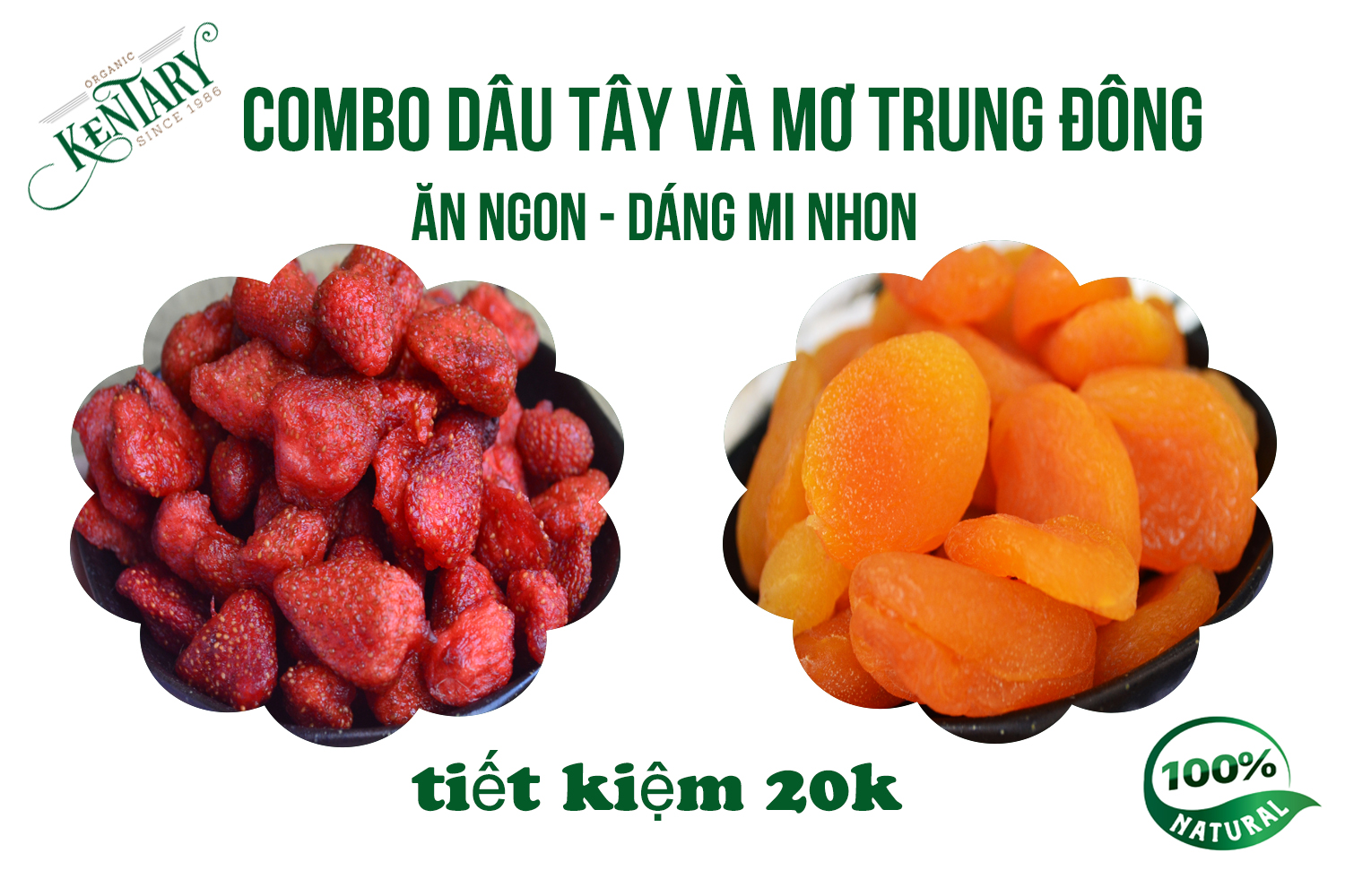 Combo 400g dâu tây sấy lạnh và mơ Trung Đông Kentary không chất bảo quản giúp da mướt, dáng xinh - đồ ăn vặt