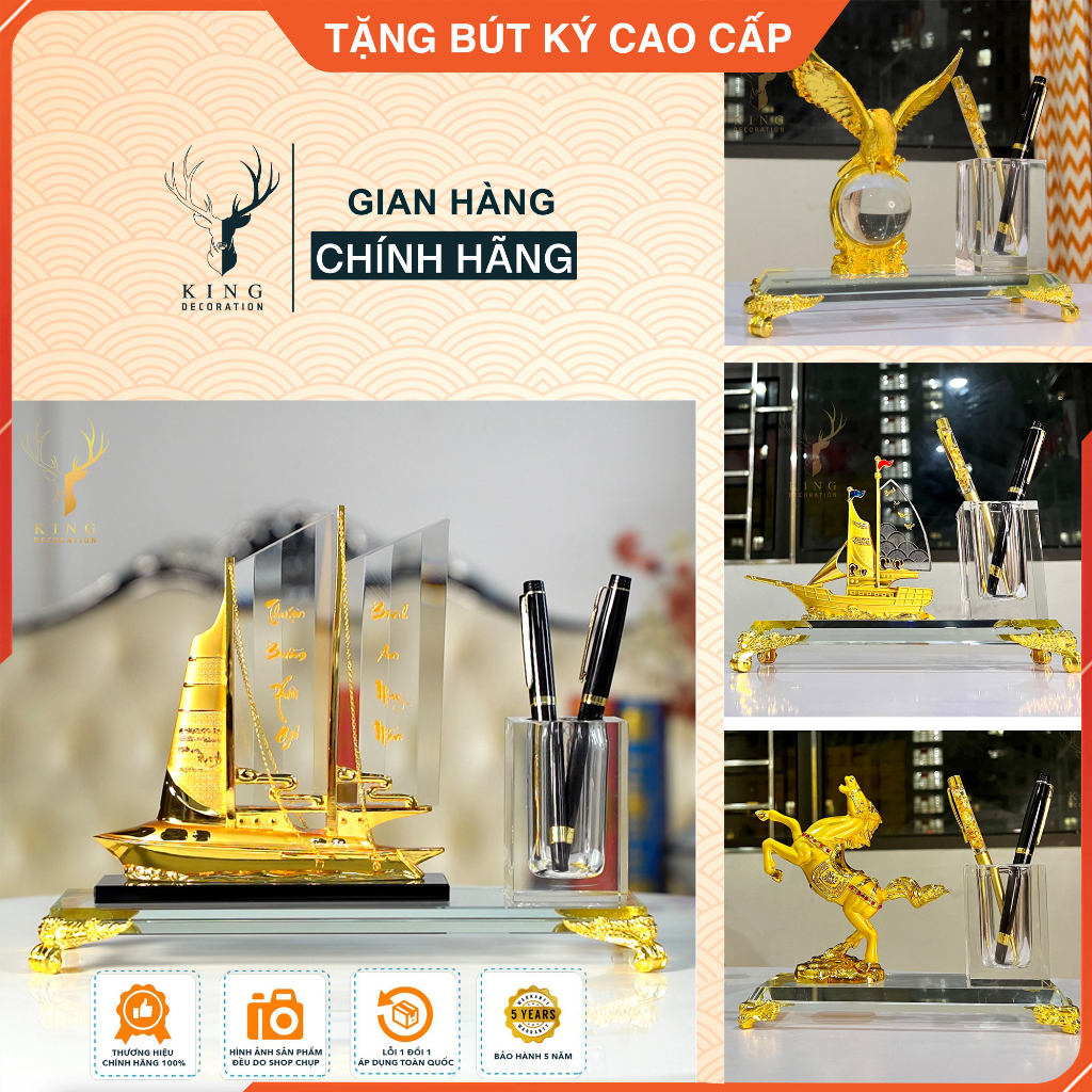 Ống bút để bàn, hộp đựng bút doanh nhân chất liệu đồng mạ vàng và pha lê, quà tặng sếp, quà lưu niệm