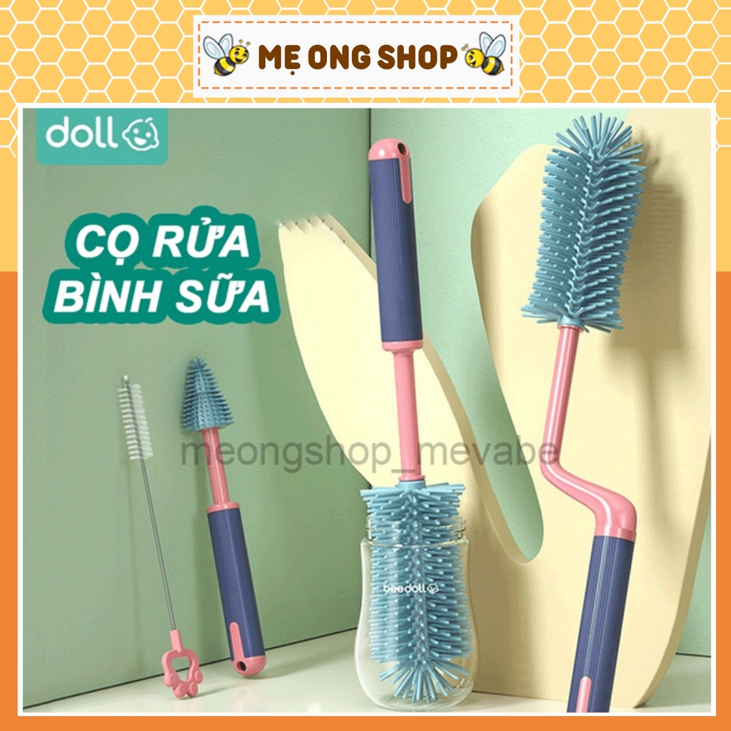 Bộ Cọ rửa bình sữa và Núm Ti Silicon BeeDoll, Cọ 3 Chi Tiết Cao Cấp, Tay cầm xoay 360 độ