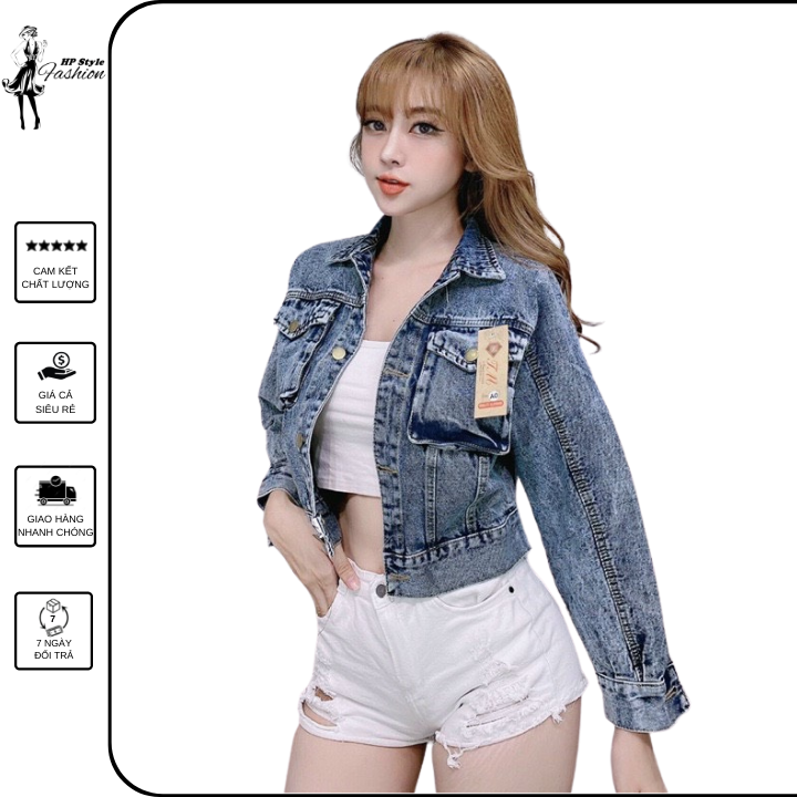 Áo khoác jean nữ lửng màu xám lông chuột túi hộp