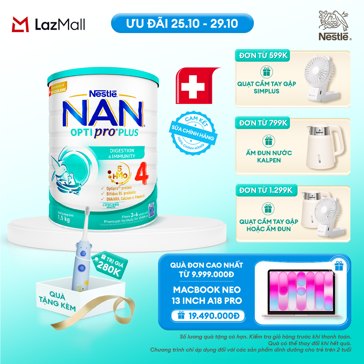 [CHỈ 25-29.10 QT ĐƠN 599K/799K/1299K] [Tặng bàn chải điện] Sữa bột Nestlé NAN OPTIPRO PLUS 4 1500g/lon với 5HMO Giúp tiêu hóa tốt