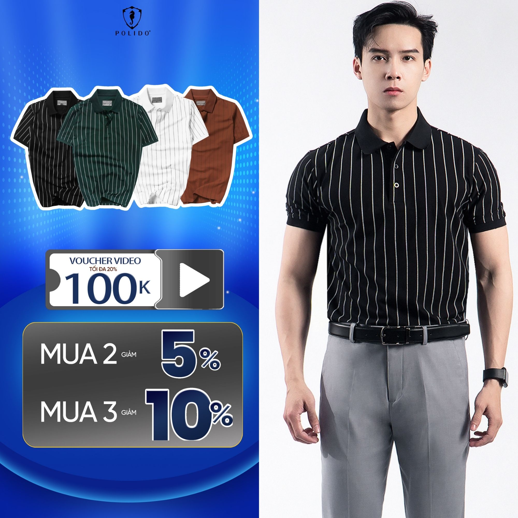 Áo Polo Nam In Họa Tiết Kẻ Sọc Đen Slimfit Chất Vải Cotton 100% Co Giãn Thấm Hút - POLIDO MALL
