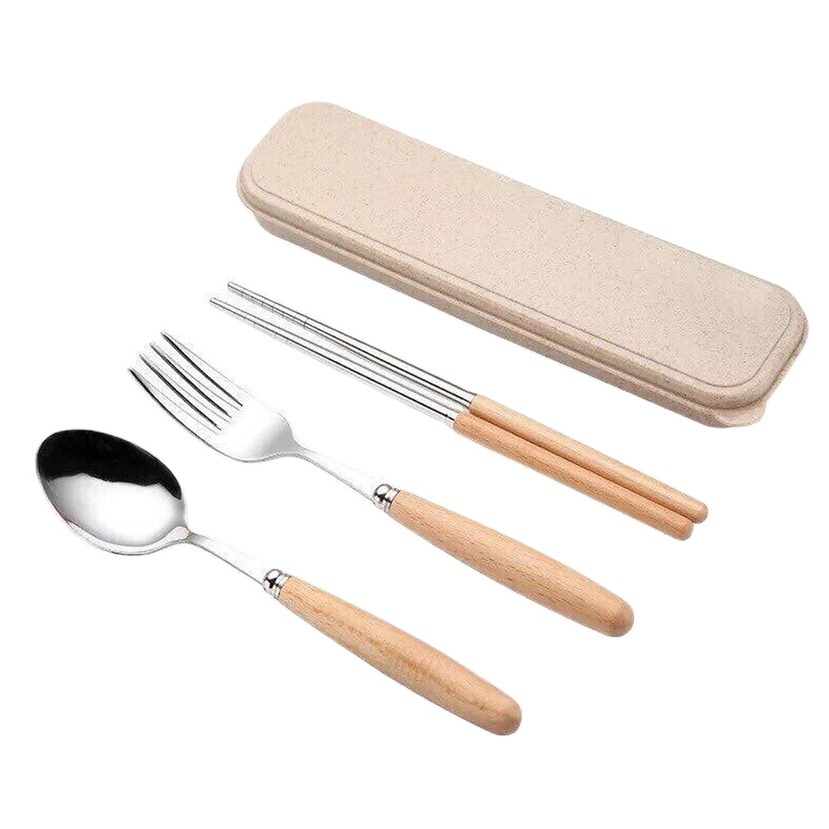 Bộ đũa, thìa, dĩa inox cán gỗ hộp đựng lúa mạch