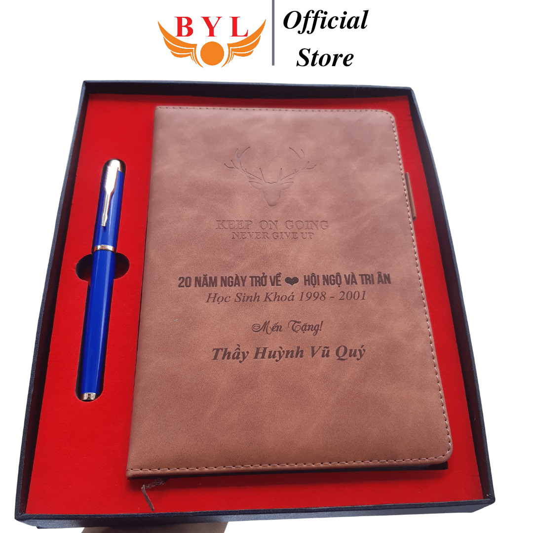 Sổ da A5 và bút ký khắc tên, logo doanh nghiệp Quà tặng tri ân Sổ màu nâu