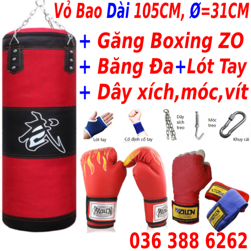 Vỏ bao cát treo đấm bốc boxing 2,3 lớp + Găng Tay đấm bốc ( hoặc găng mma ) + Băng đa cuốn tay walon - Thiết bị tập đấm bốc boxing chuyên nghiệp
