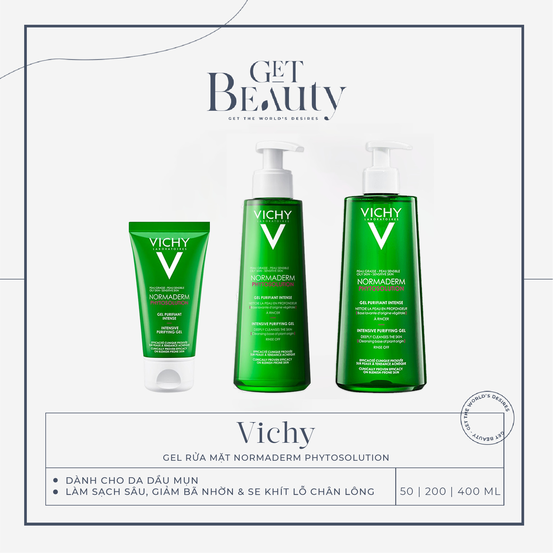 [HCM]VICHY | SRM DẠNG GEL CHO DA DẦU-MỤN VICHY NORMADERM PHYTOSOLUTION INTENSIVE PURIFYING GEL 50ML |  200ML  | 400ML