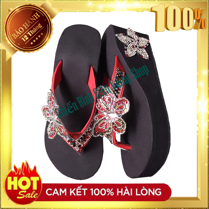 Dép kẹp bướm ngũ sắc dán gót hoa cao 7cm - Dép nữ - Giày nữ - Dép xỏ ngón
