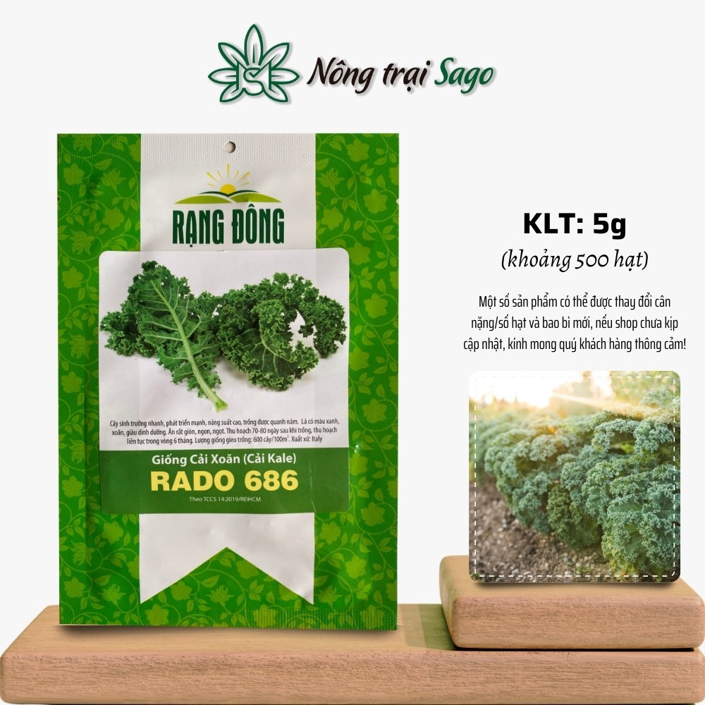 Hạt giống Cải Xoăn (Cải Kale) Rado 686 (5g~500 hạt) nảy mầm tốt, tuổi thọ 2-5 năm, thu hoạch được nhiều lần, hiệu Hạt giống Rạng Đông - Nông Trại Sago