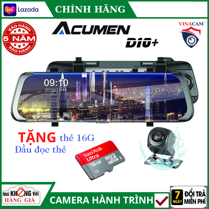 [ Bảo Hành 5 Năm] Camera Hành Trình Gương Ghi Hình Trước Sau Acumen D10+ Bản Nâng Cấp Của Camera Hành Trình D10 Full HD Ghi Hình Trước Sau Kiêm Lùi , Hàng Chính Hãng