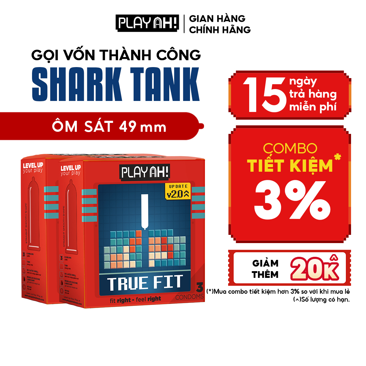 Combo 2 hộp/3 hộp bao cao su playah true fit ôm sát hộp 3 size 49mm size nhỏ, chống tuột bao