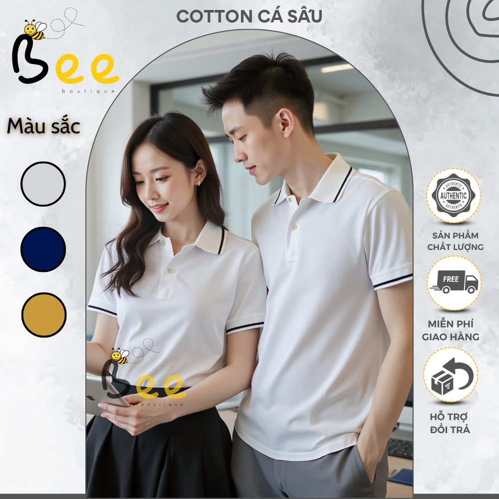  Áo thun polo cá sấu trắng sọc cao cấp cổ trụ bẻ unisex nam nữ cặp đôi đồng phục nhóm công sở 