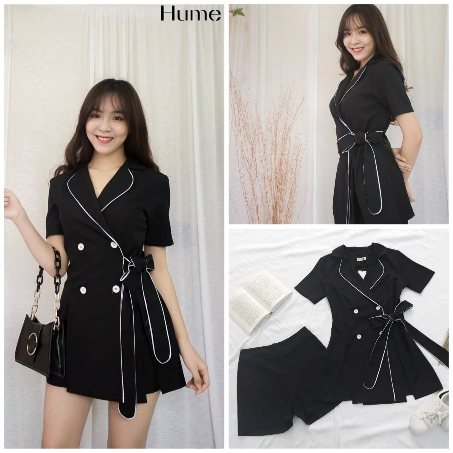 Set đầm công sở cổ vest có nơ thắt eo