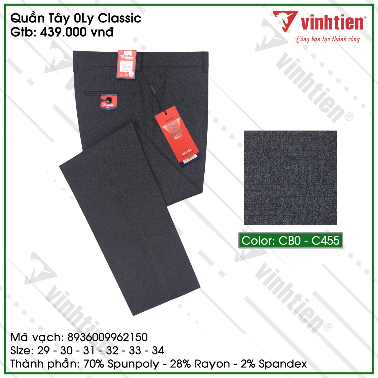 Quần Tây Nam 0 Ly Ống Đứng Vĩnh Tiến Màu Tàn Thuốc G455