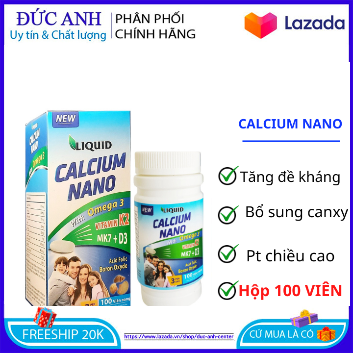 Viên uống Liquid calcium Nano omega Glucosamin bổ sung canxi, giúp tăng chiều cao, giảm nguy cơ loãng xương – Lọ 100 viên