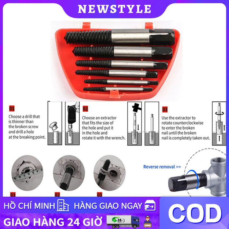 Bộ 6 dụng cụ tháo vít đầu gãy，Thép bị hỏng Tốc độ ra Bộ hướng dẫn sử dụng mũi khoan trục vít bị hỏng Bộ tháo bu lông bị hỏng Bộ dễ dàng tháo ra