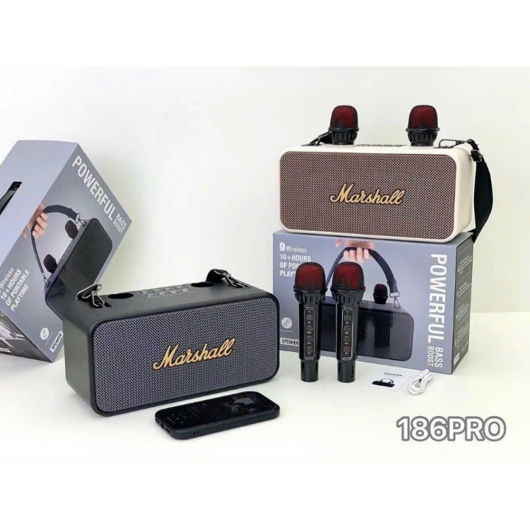 Loa bluetooth karaoke Marshall K186 ,loa karaoke bluetoot không dây tặng kèm 2 mic bass căng âm tốt pin trâu, loa bluetooth mini, loa xách tay mini