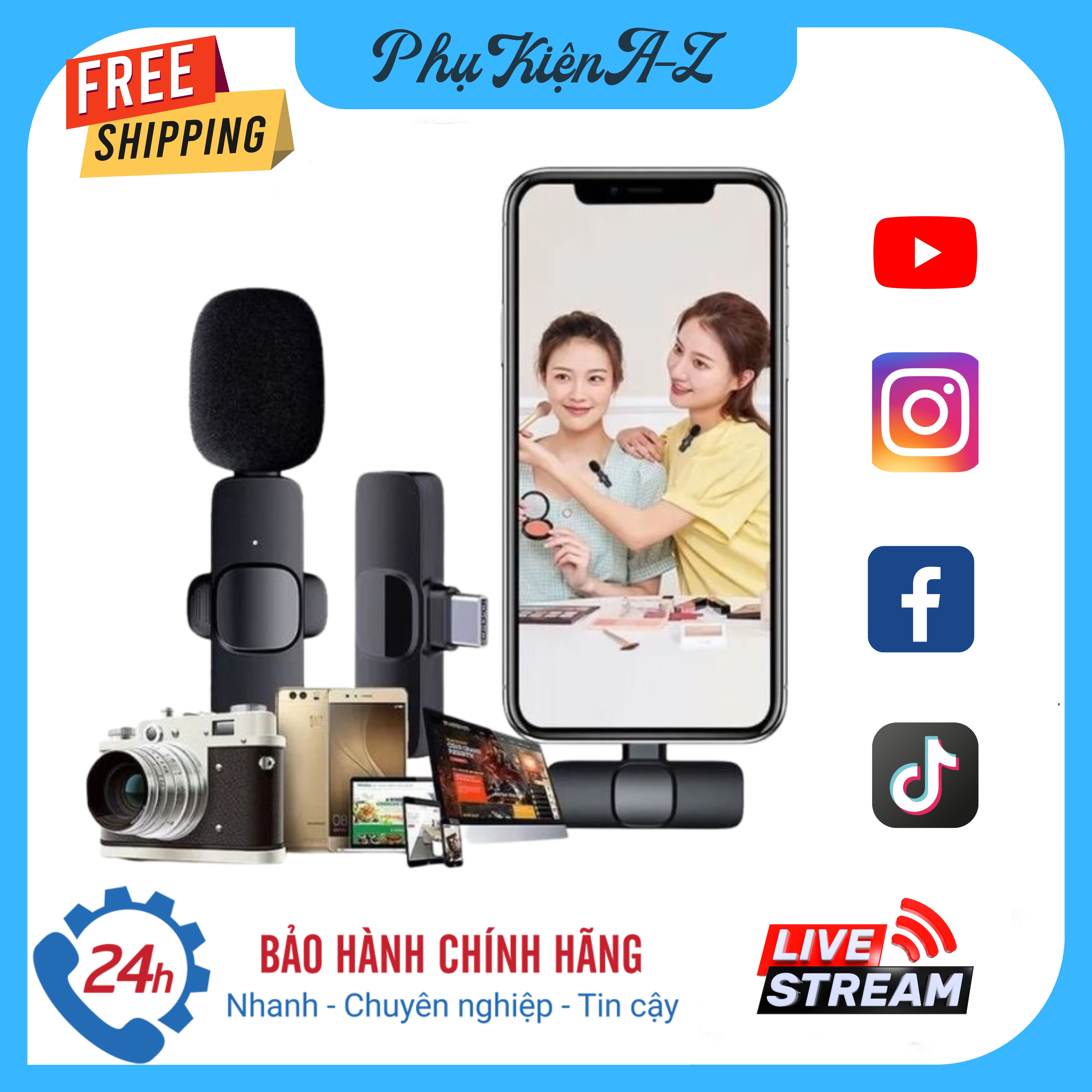 Micro karaoke điện thoại, micro cài áo, micro không dây cài áo thu âm cho điện thoại k9 mic thu âm livestream không dây mini cho iphone ipad android, sản phẩm kết nối androi type c, iphone lightning - phụ kiện az chính hãng