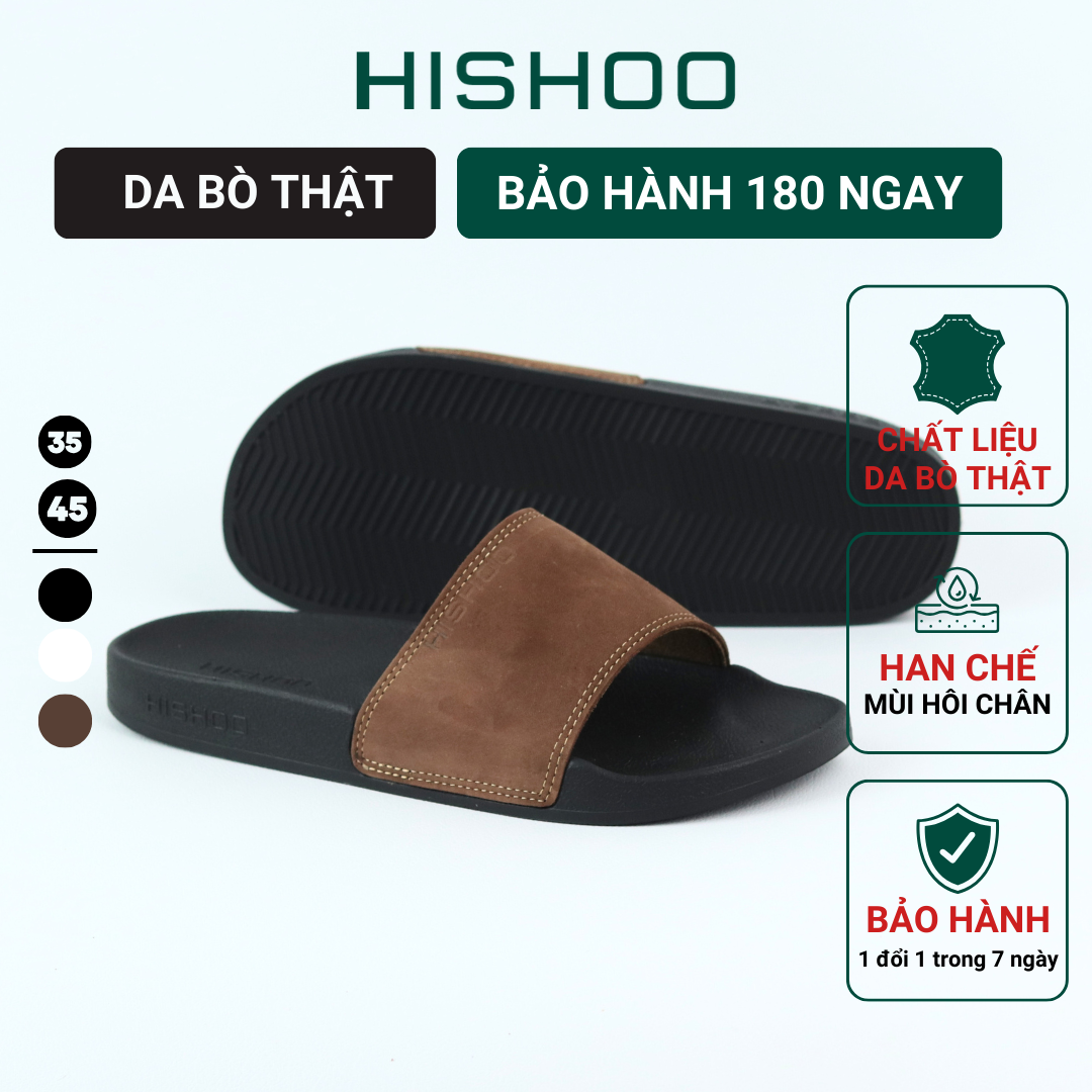 Dép quai ngang slipper nam, nữ siêu nhẹ HISHOO đen trắng nâu cao cấp da bò thật thời trang size 36 - 45 U114