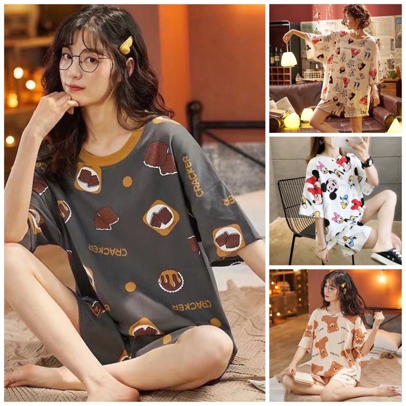 Đồ bộ nữ cộc tay bộ mặc nhà dễ thương thun sữa mềm mại topbra