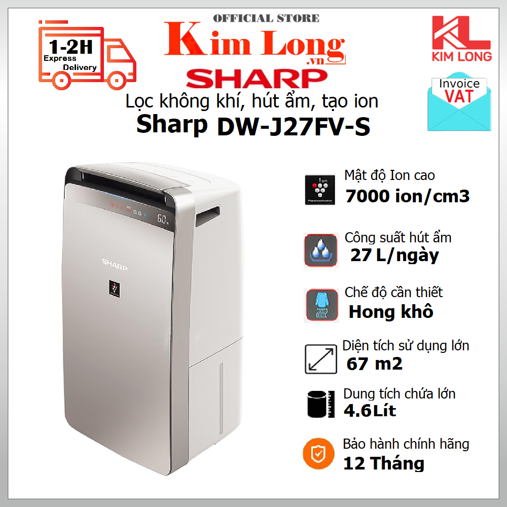 Máy lọc không khí hút ẩm Sharp DW-J27FV-S Diện tích lọc 1-67m2 Công nghệ Plasmacluster ion và Công nghệ Inverter - Bảo hành chính hãng 12 Tháng