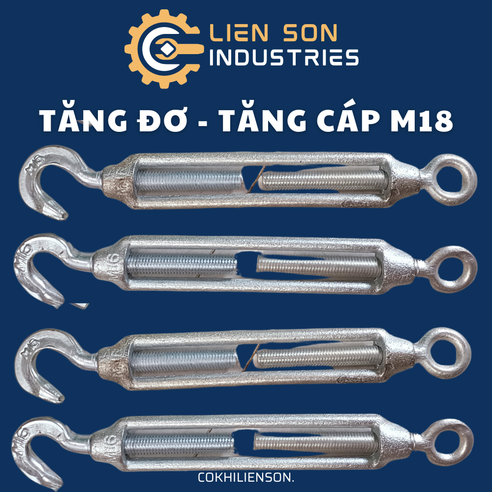 Tăng đơ dây cáp, tăng cáp phi 18 M18 dùng để tăng đơ dây cáp tăng độ căng dây, chất liệu tăng đơ dây cáp là thép đúc mạ kẽm chịu tải cao - Cơ Khí Liên Sơn