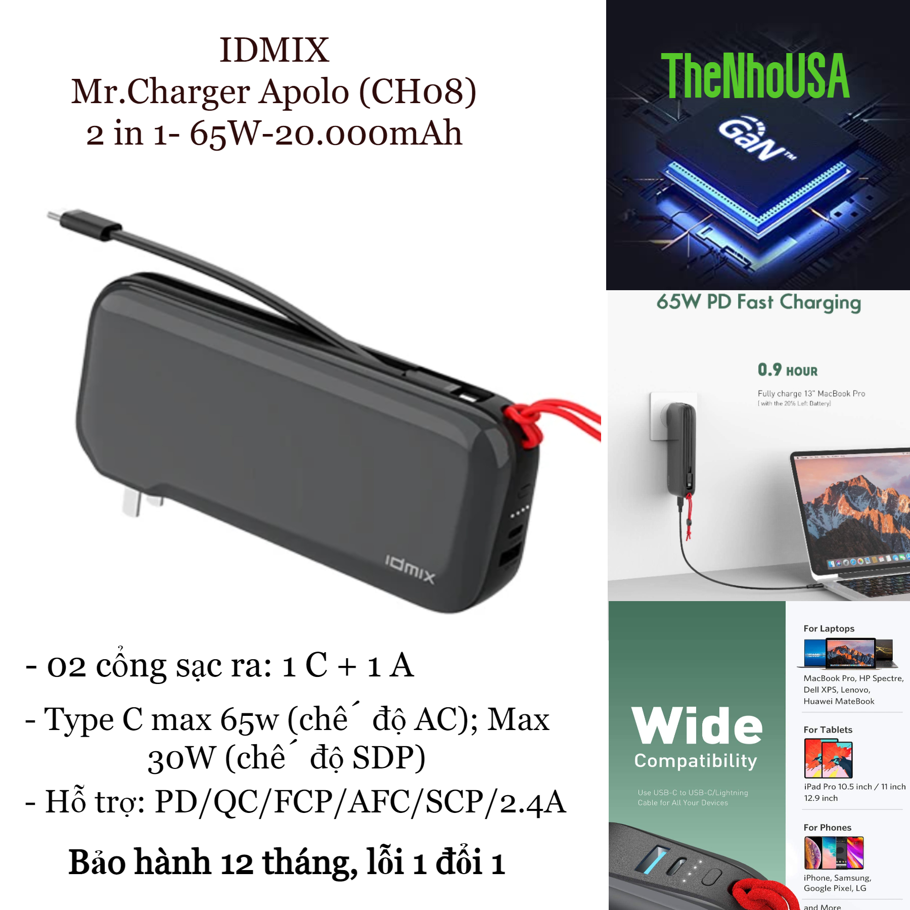 Pin sạc dự phòng 3 in 1 idmix mr.chager apolo 20.000 - 65w - ch08 - gan
