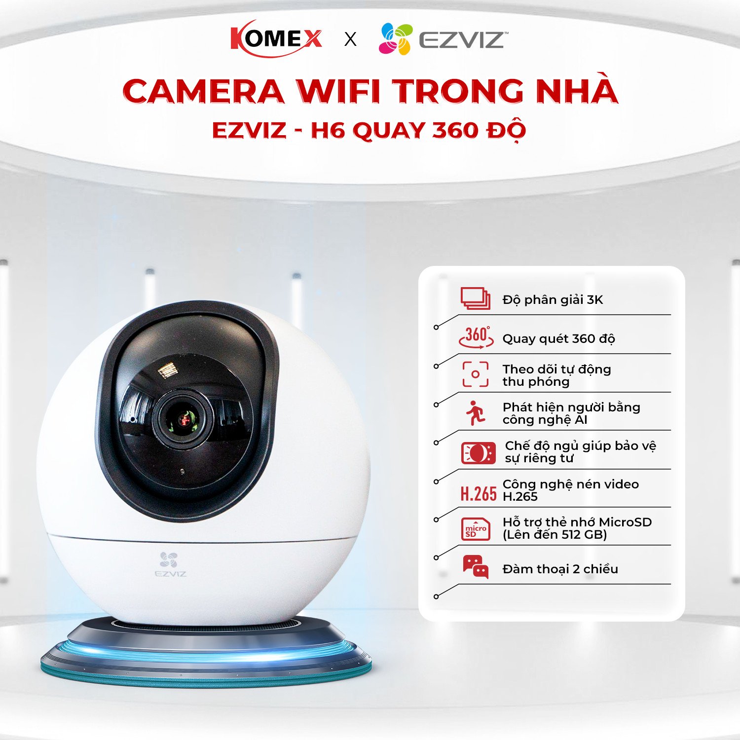 Camera wifi trong nhà ezviz - h6 độ phân giải 3k đàm thoại 2 chiều, quay quét 360 độ - hàng chính hãng
