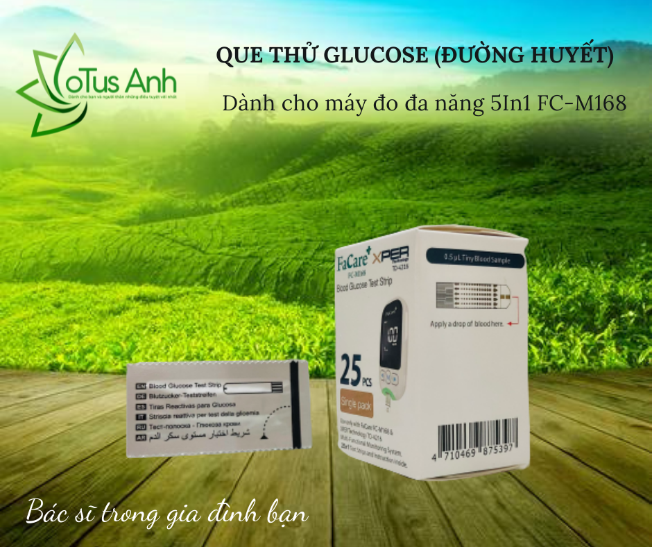 Que thử đường huyết Hộp 25 que cho máy đo đa năng 5IN1 FC-M168, Lotus Medical LA09, que thử đường huyết, que thử Glucose, que thử tiểu đường.