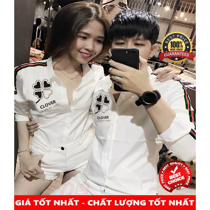 Áo cặp sơ mi họa tiết cổ 4 lá chữ love cao cấp | áo sơ mi đôi nam nữ đẹp