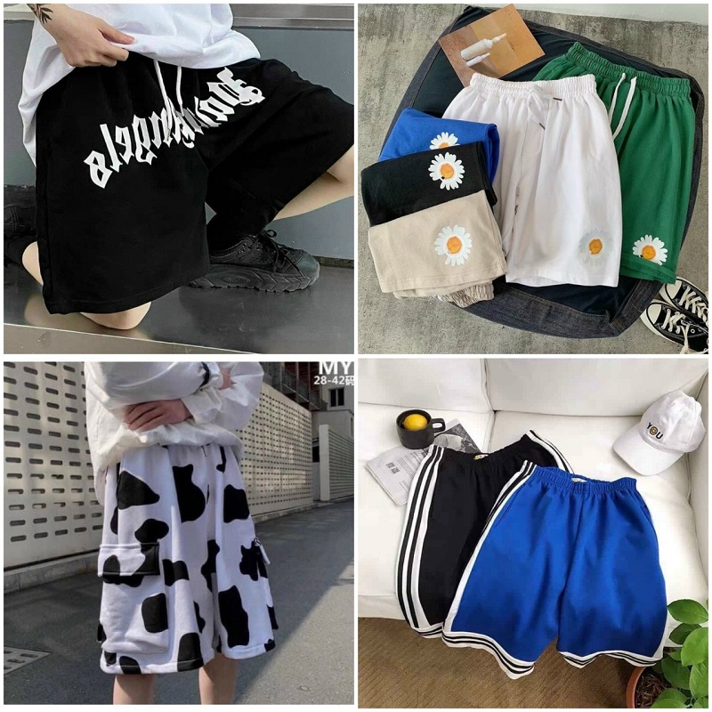 Quần Thun Short in Bò Sữa Nam Nữ Cặp Đôi 💖HOT RẺ ĐẸP💖 Quần Lửng Hoa cúc Sọc Chữ- Kiểu Đùi Couple Mặc Cute