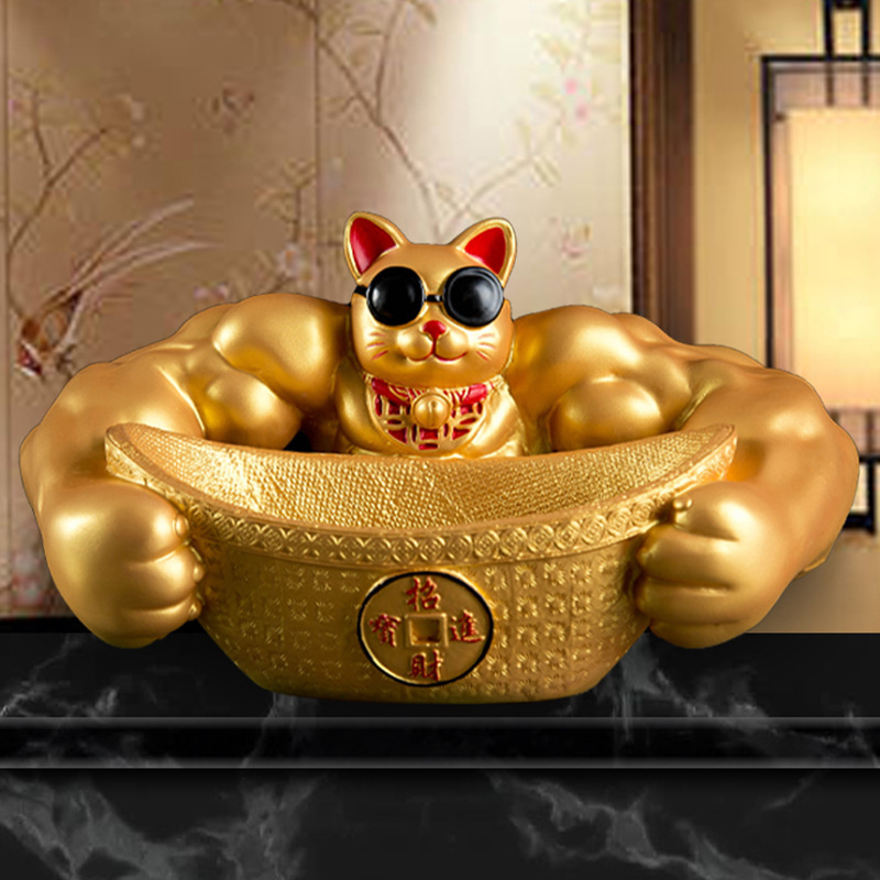 Mô hình trang trí mèo thần tài lực sĩ cơ bắp ôm rổ