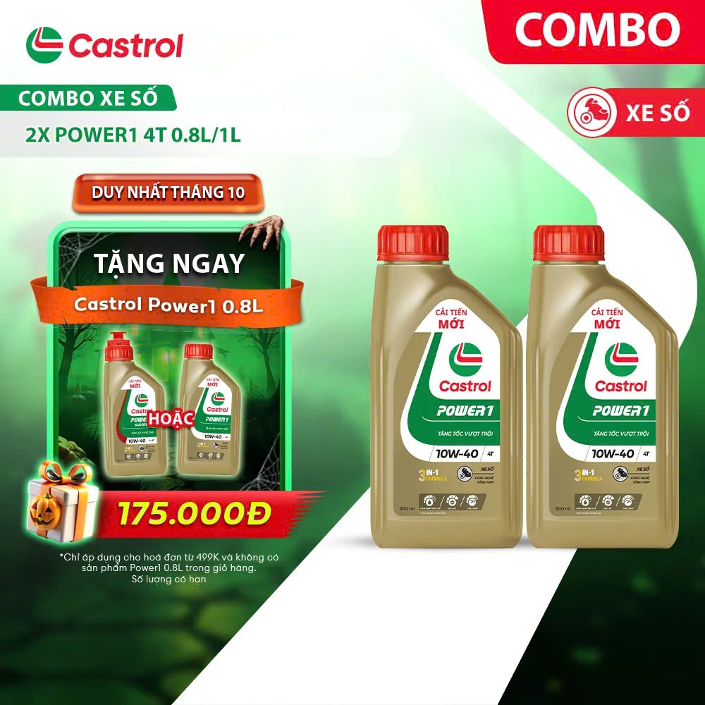 ( combo 2 chai xe số) Dầu nhớt Castrol Power 1 4T 10W-40 0.8L/1L cho xe số - castrol vàng
