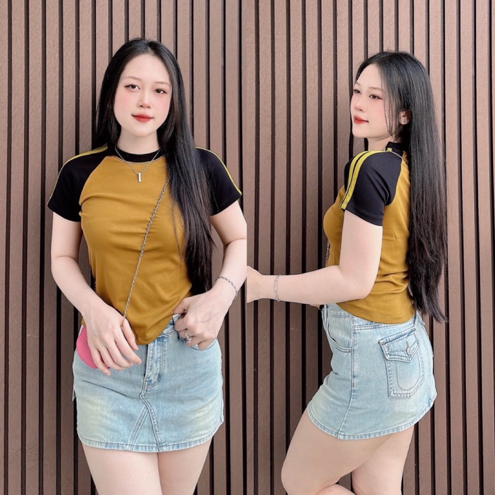 Áo thun dáng ôm nữ phối sọc tay RAGLAN