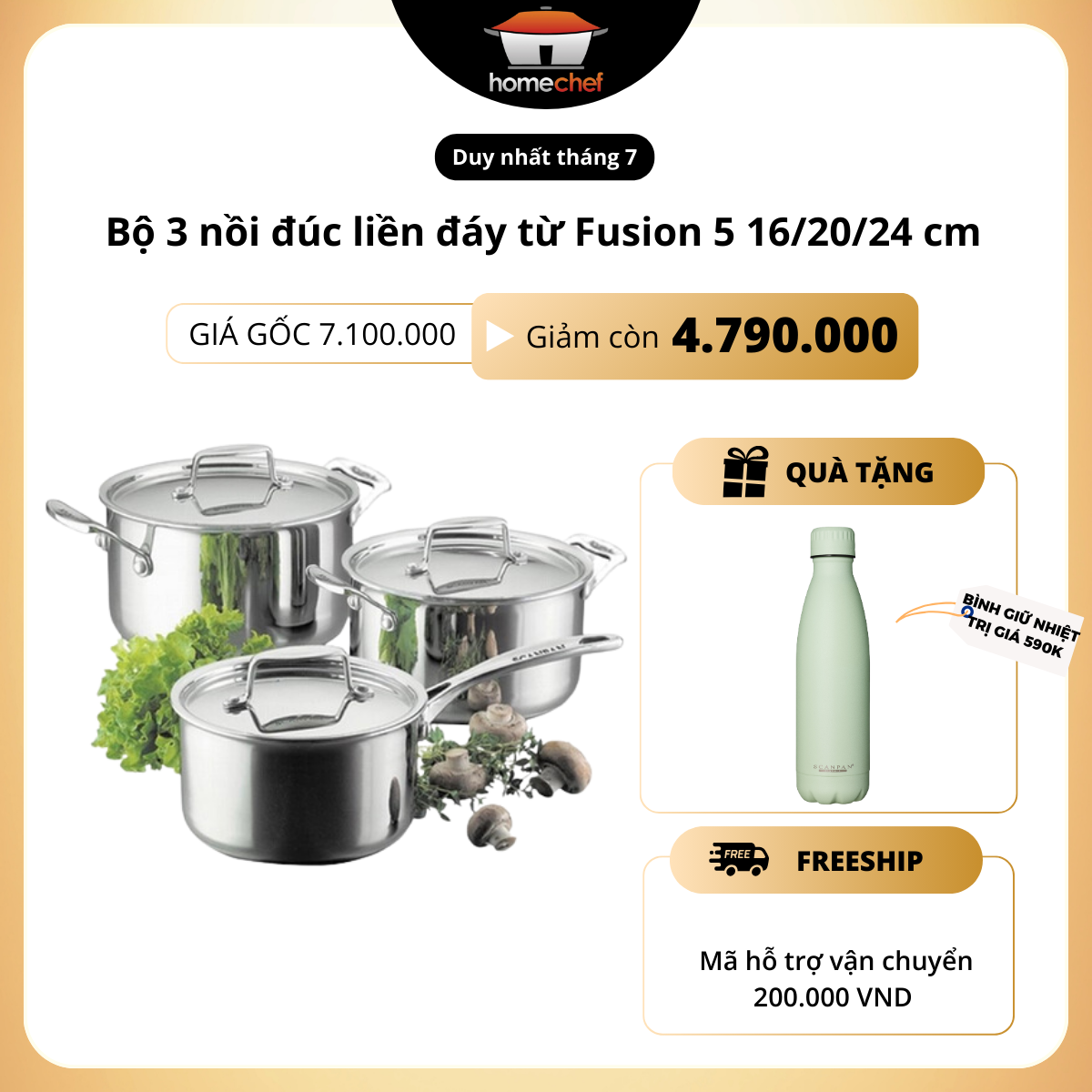 Bộ nồi inox Scanpan Fusion 3 chi tiết dùng bếp từ 16/20/24cm, 5 lớp đáy liền siêu bền, truyền nhiệt nhanh và đều, an toàn trong máy rửa bát - 74000300