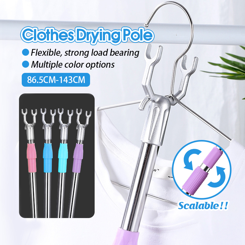 Cây inox phơi quần áo, cây lấy đồ trên cao dài 1,43m, có thể thu gọn,có đầu nhựa và đầu nhôm