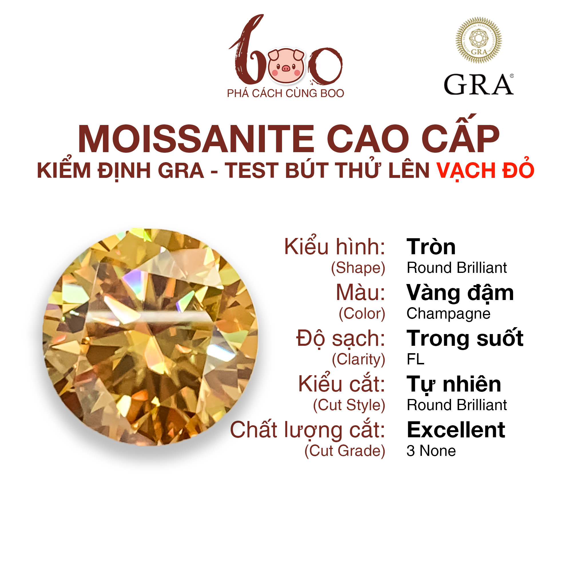 (Size 3.0 mm - 20.0 mm) USA Moissanite Round Champagne Gold Color - Fl Clarity (Transparent) with Gra Certificate - Tested with Red Line