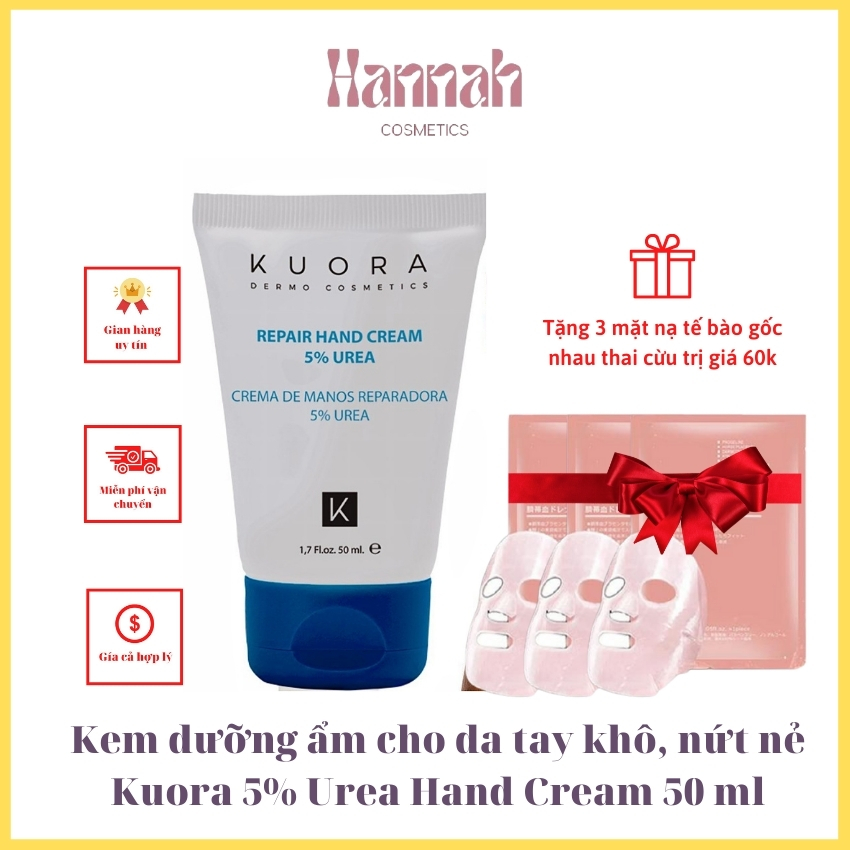 <Freeship+ Qùa>Kem dưỡng ẩm da tay Kuora 5% Urea Hand Cream 50ml, Hannah Cosmetis,kem dưỡng ẩm cho da tay khô,thô ráp,sần sùi,nứt nẻ,da tay bị lão hóa,da tay rất khô do sử dụng nước xịt khuẩn thường xuyên,kem thấm nhanh không nhờn rít
