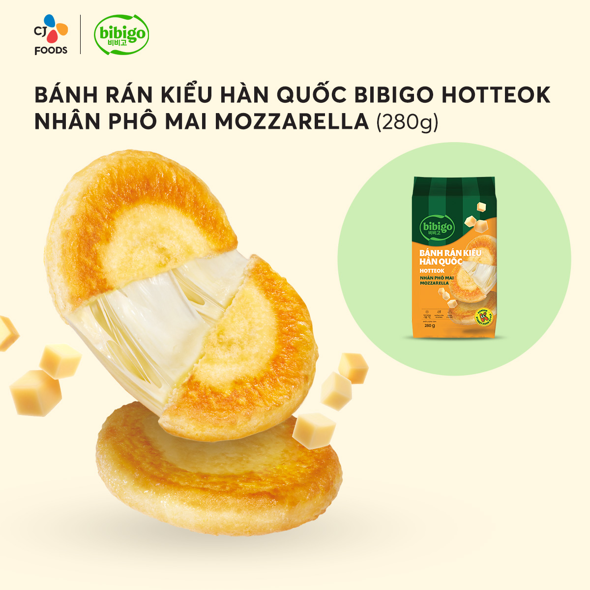 [Hỏa tốc] Bánh rán Hàn Quốc Hotteok bibigo - nhân Bí Đỏ/ Phô mai Mozzarella/ Phô mai tan chảy Cheese Mix 280g (4 bánh to nhân đầy)