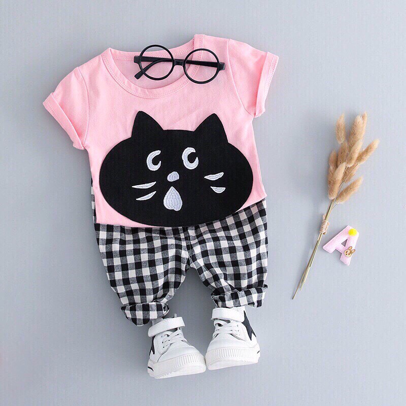 Bộ thun cotton hình mèo cho bé 5-17kg