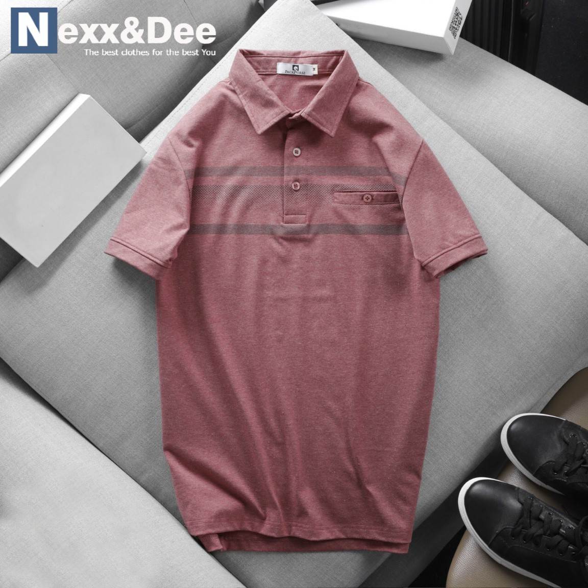 Áo thun polo nam trung niên vải cá sấu có túi có cổ bẻ sọc ngang nexx&dee pl07