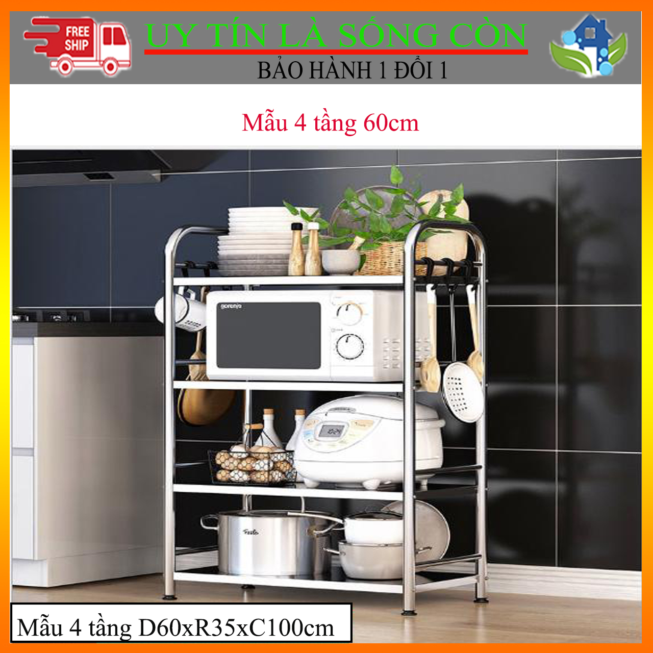 Kệ lò vi sóng 4 tầng chất liệu inox cao cấp, kệ bếp inox, kệ đa năng chất liệu inox
