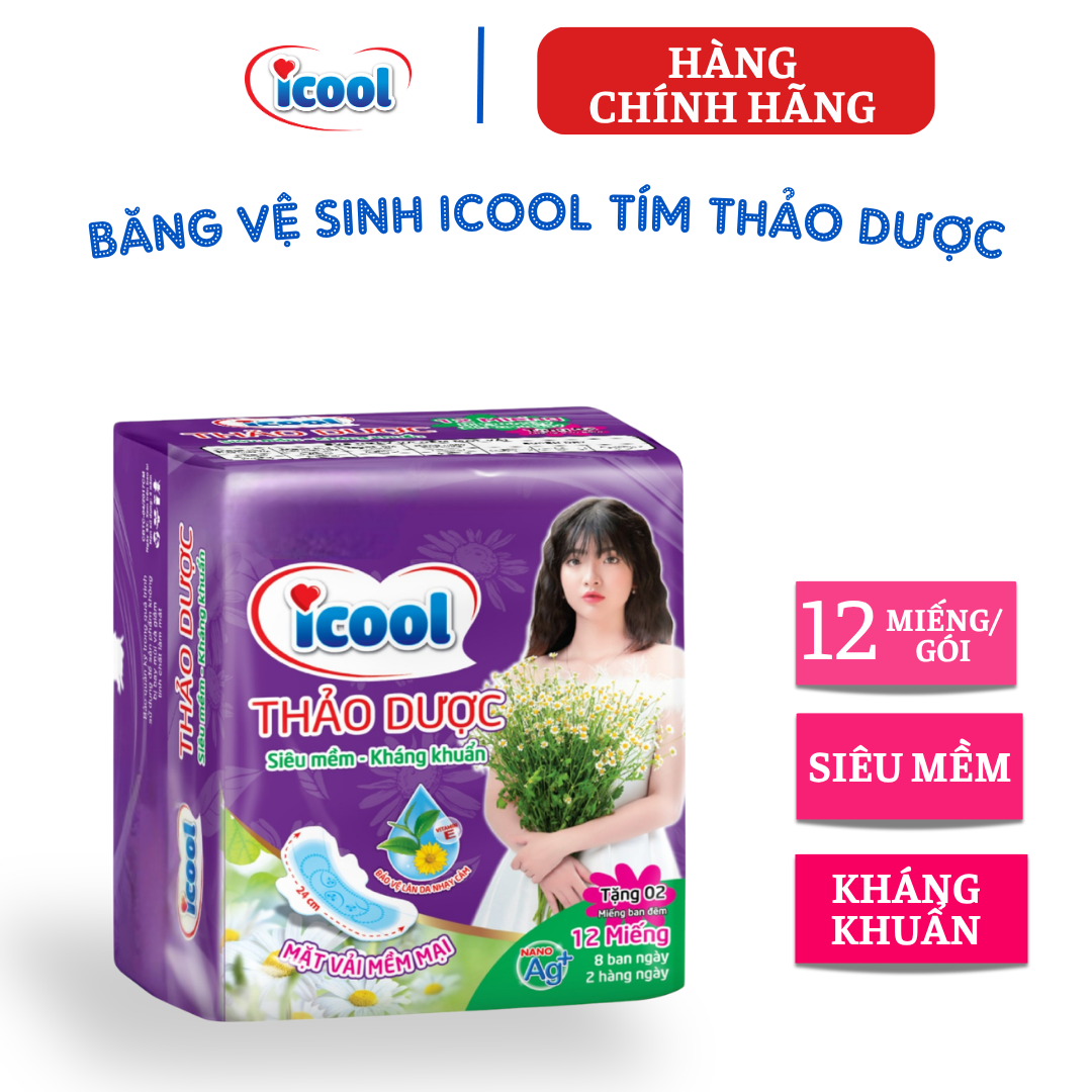 {Hàng chính hãng} Băng vệ sinh ICOOL Thảo Dược Tím Mới, BVS ban ngày 24cm, có cánh, MẶT VẢI NHUNG, khô thoáng, không mát