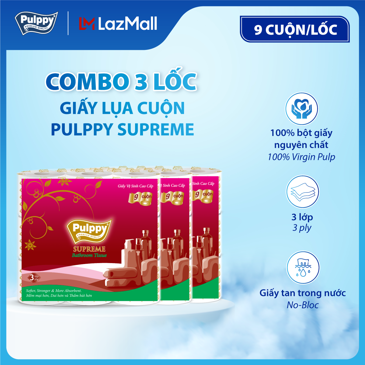 [VOUCHER 15%] Combo 3 Giấy Lụa Cuộn Pulppy Supreme 9C