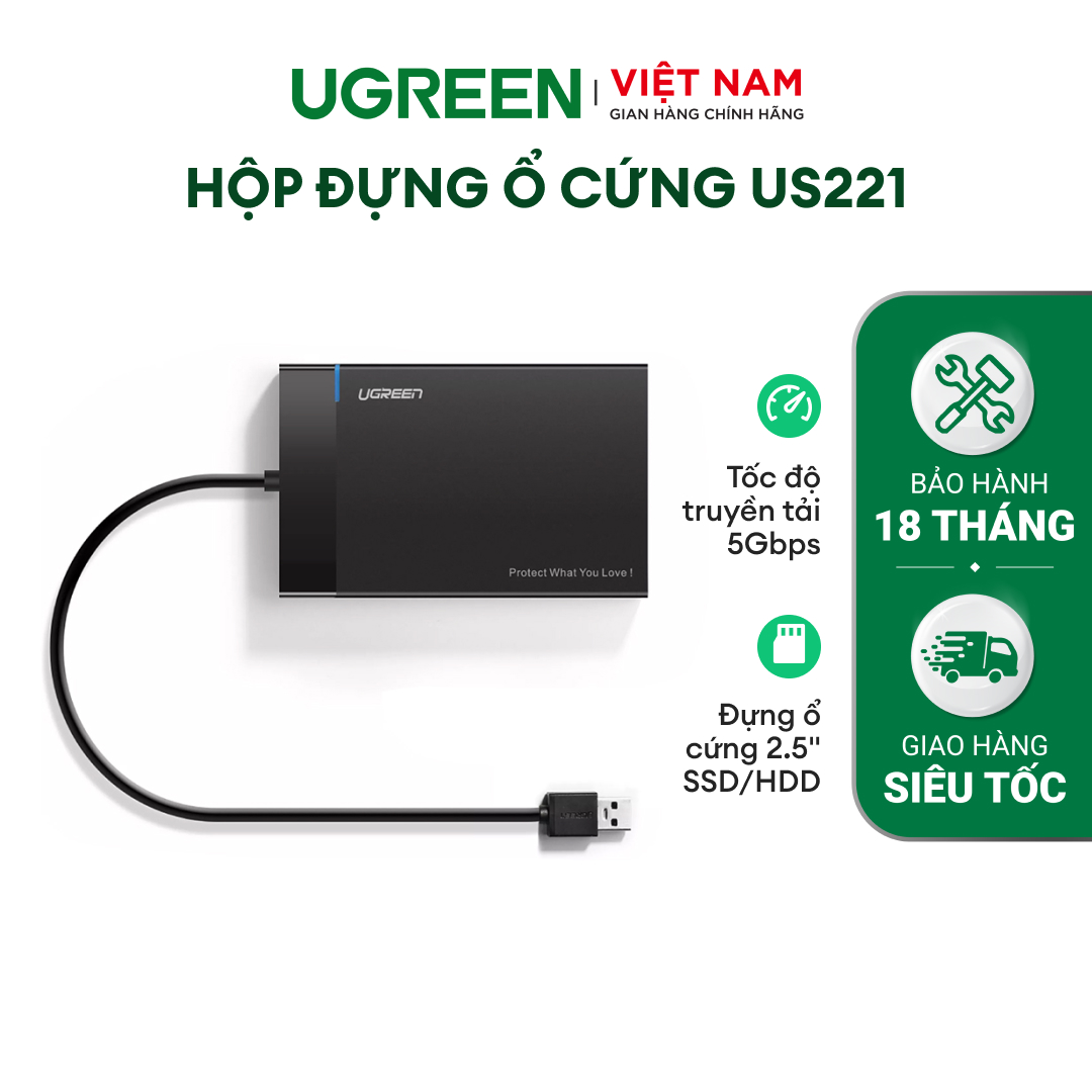 Hộp đựng ổ cứng UGREEN US221 Đựng ổ 2.5 inch SSD/HDD hỗ trợ lên đến 6TB vỏ nhựa ABS cao cấp (dây USB 3.0 gắn liền vỏ hộp) kích thước 128x82x14mm - Hàng phân phối chính hãng - Bảo hành 18 tháng 1 đổi 1