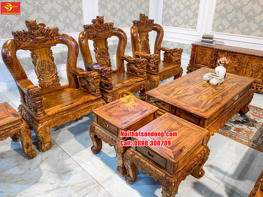 Bộ Bàn Ghế Chạm Nghê Tay 14 Gỗ Cẩm Lai Xịn – Vân Tuyển Chọn – BBG208B