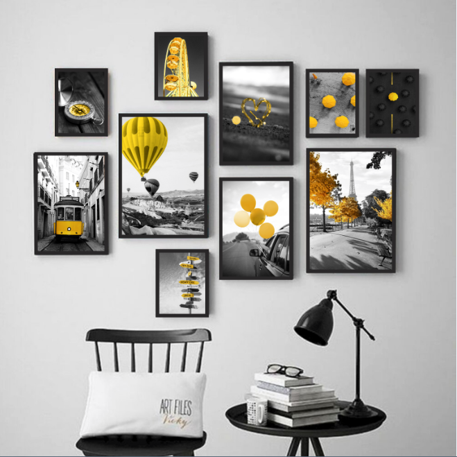 Bộ 10 Khung Ảnh Treo Tường - Vàng đen - Free rửa ảnh - Kính 2mm