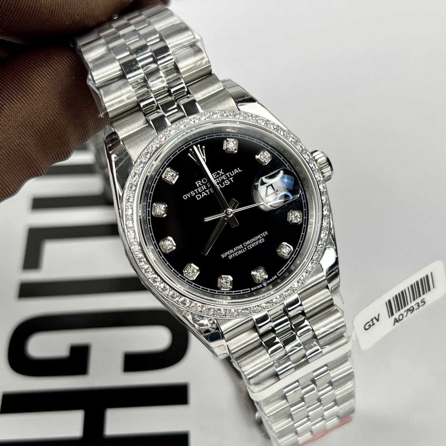 (Kim Cương) Đồng hồ nam Rolex Datejust mặt đen huyền bí kim cương moissanite